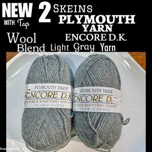 🆕NWT▪️PLYMOUTH YARN▪️ENCORE DK▪️2 Skeins Wool Blend #194 Light Gray Yarn